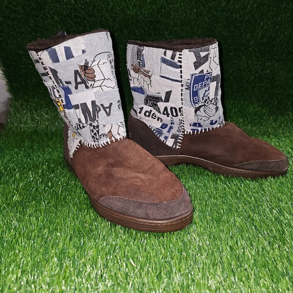 Ugg Boots Men 10 brown Patchwork DIY Upcycle police numbers blue white